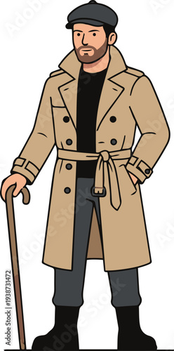 Stylish man wearing trench coat and cap holding a walking cane, cartoon flat vector character illustration.