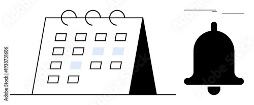 Table calendar with marked dates alongside a ringing notification bell. Ideal for time management, deadlines, appointments, reminders, organization, scheduling, planning. Clean simple flat metaphor