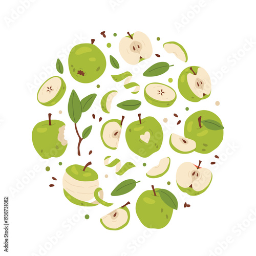 circle print with green apples, slices, leaves and seeds in playful flat vector style. Fresh fruit illustration for packaging, textile, kitchen decor, cider or jam labels, autumn food designs.