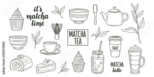 Matcha tea illustration, whisk and bowl, latte art, desserts and drinks, Japanese green tea culture, flat vector illustration