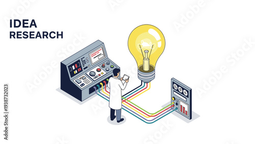 Scientific laboratory researcher operating a control panel to generate a massive glowing lightbulb representing a brilliant new idea.