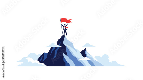 Victorious businessman standing on top of a mountain peak holding a red flag to represent leadership, success, and peak achievement.