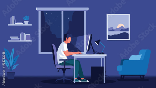 Freelance professional working on a desktop computer at night in a cozy home office with a starry night view through a large window.