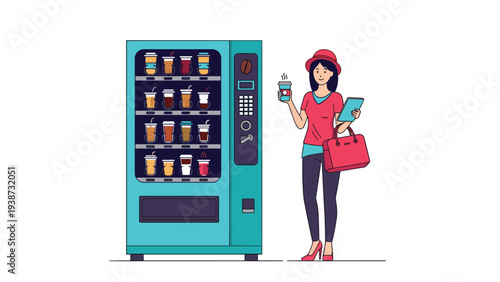 Modern coffee vending machine in a public space with a stylish female customer holding a cup and tablet while selecting her drink.