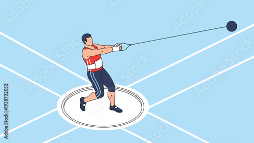 Dynamic sports athlete performing a hammer throw in a track and field competition depicted from an isometric perspective on a blue field.