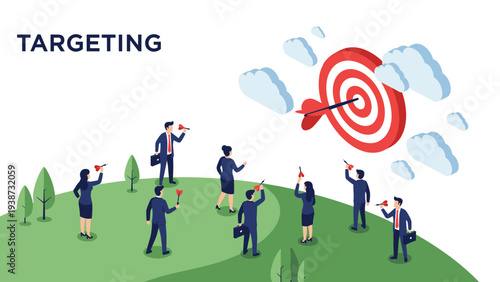 Group of business professionals aiming darts at a large bullseye target in the sky to represent strategic marketing and goal targeting.