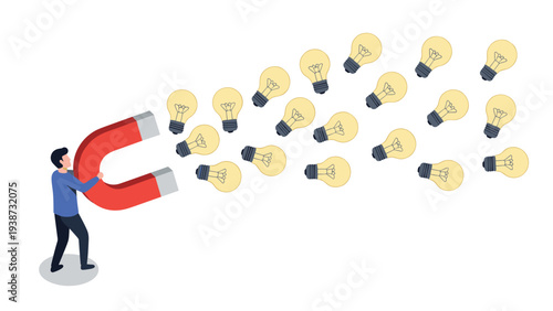 Businessman using large horseshoe magnet to attract light bulbs representing innovative ideas and creative inspiration.