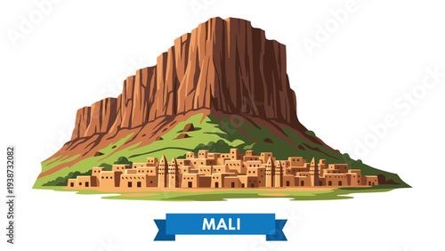 Traditional mud brick village located at the foot of a massive cliff in Mali shown under a clean white background.