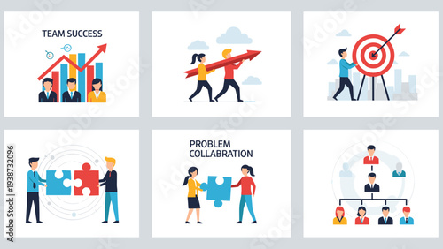 Collection of business concept icons showing team success, problem collaboration, and corporate hierarchy in a flat design style.