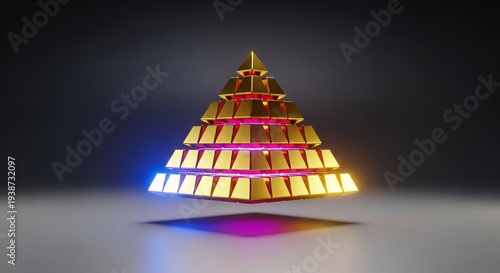 A vibrant aura of luminous energy envelops a gleaming stack of gold blocks, forming a powerful symbolic financial pyramid, vibrant, futuristic, blocks