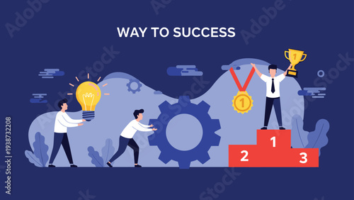 Way to success illustration showing people working with ideas and gears to reach the championship podium with a trophy.