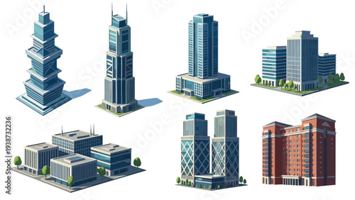 Set of various modern high-rise office buildings and architectural skyscrapers isolated on a clean white background.