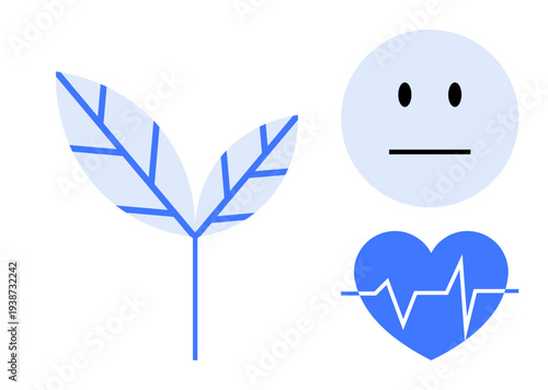 Wellness, environmental health, emotions, healthcare, mindfulness, heart health. Blue leaf, neutral face and heart icon with heartbeat line. Wellness and environmental health elements showcased