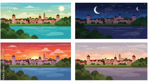 Set of four illustrations showing a historical castle by a lake during morning, night, sunset, and twilight times.