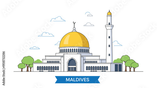Grand Friday Mosque in Male, Maldives, shown in a clean line art style with trees and clouds on a white background.