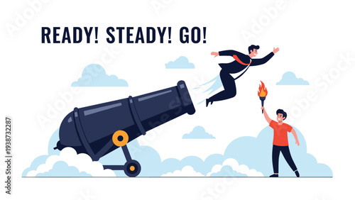 Motivated businessman being launched out of a giant cannon with the text ready steady go representing a fast career start.