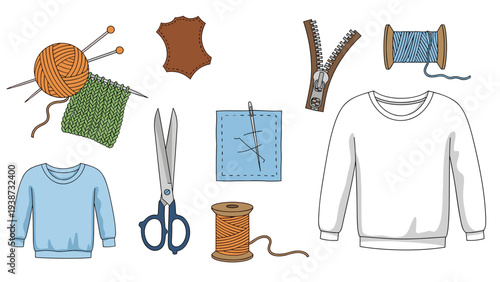 Collection of sewing and knitting tools including yarn, needles, fabric, scissors, thread, zippers, and two sweaters.