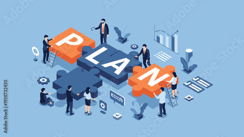 Business team collaborating to assemble a giant jigsaw puzzle forming the word PLAN on a light blue background.