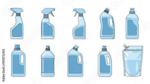 Set of various cleaning product bottles including sprayers, detergent, and liquid soap in blue colors on white.