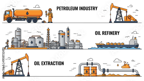 Petroleum industry diagrams showing oil extraction with pumps, an oil refinery plant, a cargo ship, and a tanker truck.