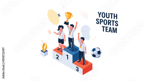 Youth sports team of three young athletes celebrating on a victory podium with a championship trophy and medals.