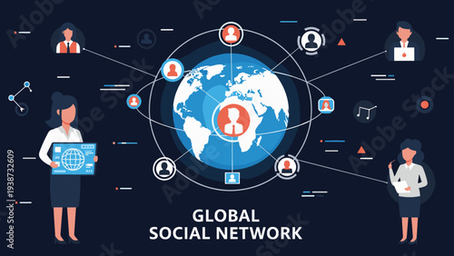 Global social network concept connecting diverse business people and professionals across a world map globe through digital channels.