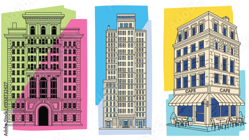 Selection of three detailed architectural building designs including historic city structures and a modern cafe with outdoor street seating.