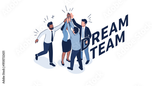 Enthusiastic business dream team giving a high-five together in the office to celebrate a major project success and shared achievement.