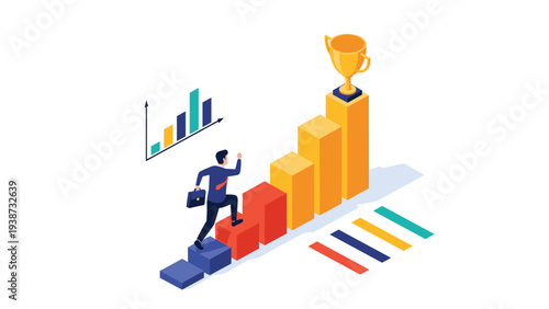 Ambitious professional businessman climbing a rising bar graph staircase towards a golden trophy representing career success and goals.