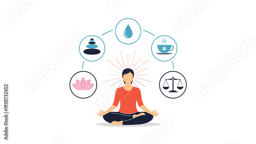 Woman practicing yoga and mindfulness meditation in lotus pose surrounded by health and wellness icons for a balanced lifestyle.