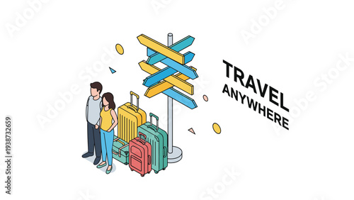 Travel anywhere concept featuring a couple with colorful luggage standing next to a multi-directional signpost for choosing a destination.