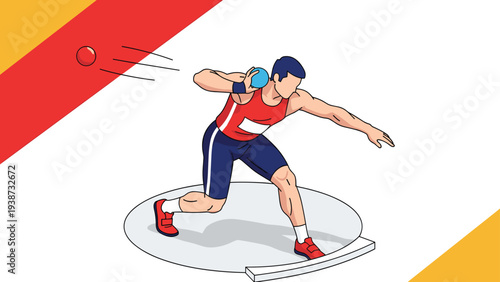 Athlete performing a shot put throw in a dynamic pose during a track and field competition on a stylized circular throwing area.