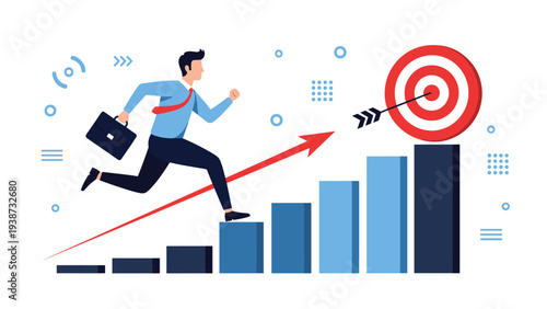Dynamic businessman running up a rising bar chart towards a bullseye target to represent corporate strategy, growth, and hitting targets.