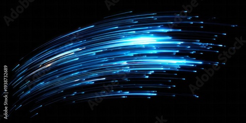 Brilliant blue light trails curve across a deep black background indicating rapid movement or data flow