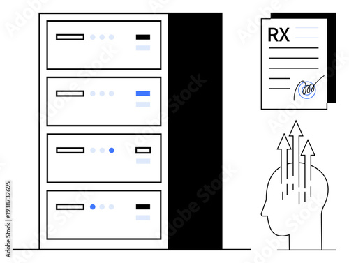 Data management. Data servers interconnected with digital workflows for efficient storage. Data facilitates integration, innovation, and scalability. For IT, healthcare, AI systems, and analytics