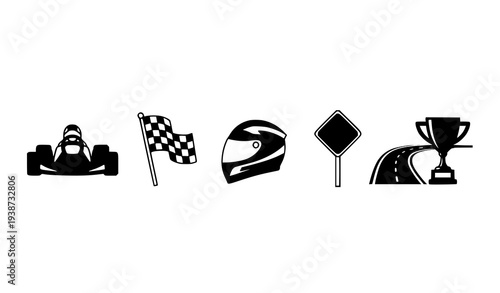 A set of five black and white racing icons on a white background