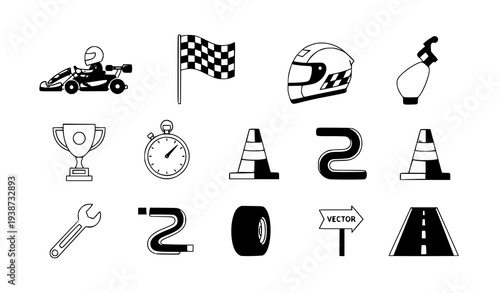 A set of black and white vector graphics for a racing theme