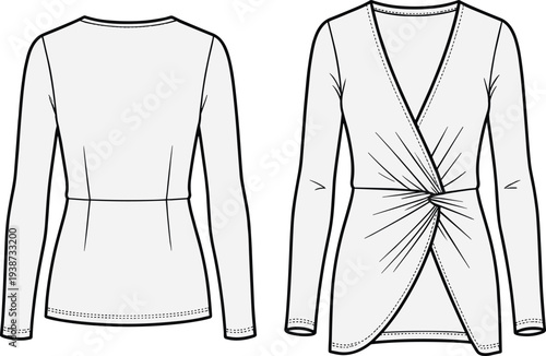 Elegant women’s fashion illustration showcasing long sleeve wrap top design with deep V neckline, draped waist detail, asymmetrical hemline, tailored darts, stylish garment sketch