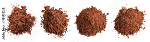 Piles of aromatic cocoa powder on white background, set. Top view