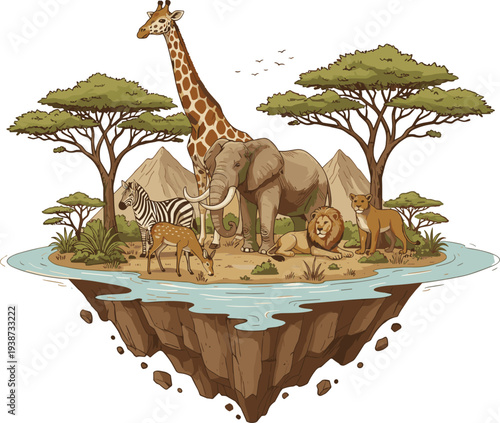 Fantasy illustration of a floating island featuring African savanna wildlife including giraffe, elephant, zebra, lion, cheetah, antelope, acacia trees, and mountainous landscape with birds