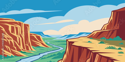 Scenic canyon river landscape with cliffs, flowing water, and blue sky in modern flat vector style. Perfect for travel design, adventure themes, nature posters, tourism marketing, and outdoor graphics