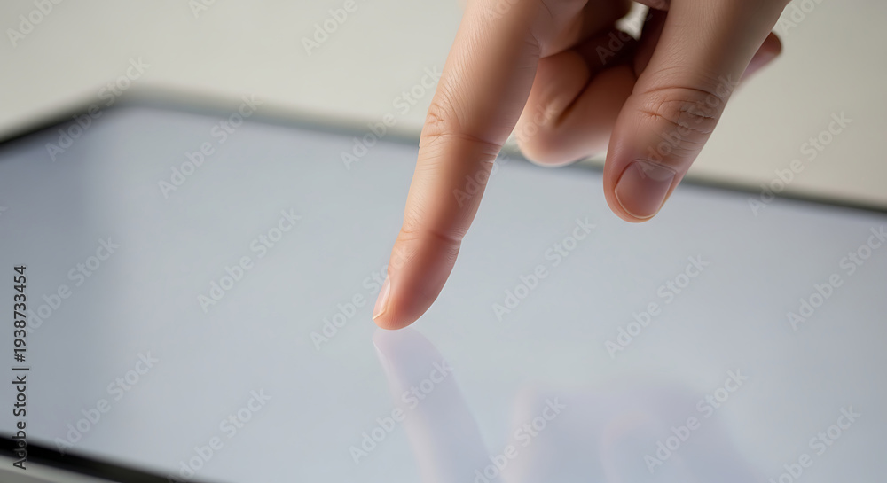 Naklejka premium a human finger tapping or touching a reflective digital tablet screen illustrating modern technology interaction and user experience