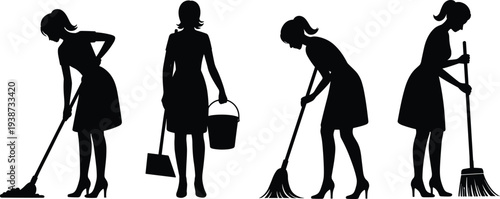 Four silhouettes of women performing cleaning tasks with mop, broom, dustpan, and bucket, representing housekeeping, janitorial services, hygiene maintenance, and manual floor cleaning activities.
