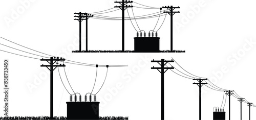 Illustration of three electrical power distribution systems with utility poles, transformers, and power lines, showcasing infrastructure, engineering, 