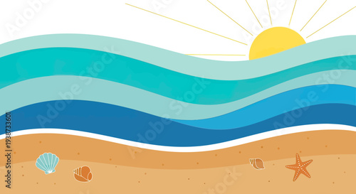 Beach Scene with Waves and Seashells Illustration.