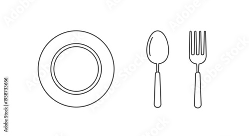 Simple Line Art Icon of Plate, Spoon, and Fork - Minimalist Dining Utensils