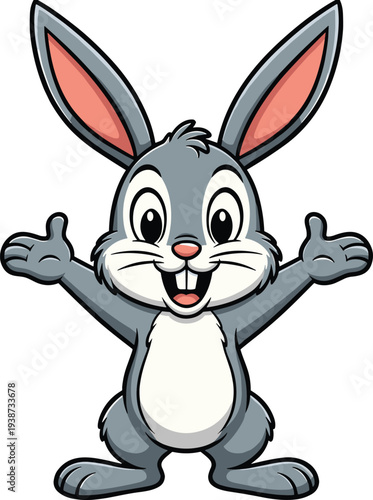 Playful cartoon illustration of cheerful gray rabbit with pink ears, big smile, and front teeth, standing upright with arms stretched, children’s artwork for festive and educational design