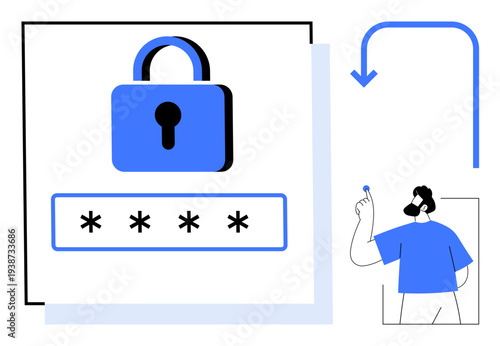 Data protection, cybersecurity, secure access, authentication, privacy, encryption. Blue lock with password field and a person entering passcode. Data protection and cybersecurity concept