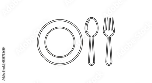 Simple Line Art Icon of Plate, Spoon, and Fork - Minimalist Dining Utensils