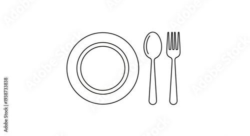 Simple Line Art Icon: Plate, Spoon, and Fork - Minimalist Dining and Cuisine Symbol